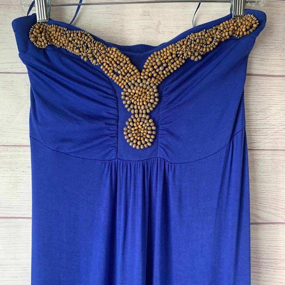 Design History Royal Blue Strapless Maxi Dress Wood Beaded Neckline Size Missy M - Picture 13 of 14